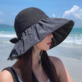 Women's Summer Foldable Weaving Cap; Sun Visor Brim Outdoor Traveling Beach Fishing Cap - Black