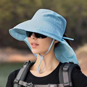 Wide Brim Shawl Ponytail Bucket Hat For Women; Outdoor Fishing Hiking UV Protection Bonnet - 1# Blue