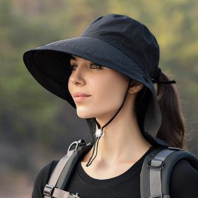 Wide Brim Shawl Ponytail Bucket Hat For Women; Outdoor Fishing Hiking UV Protection Bonnet - 4# Black