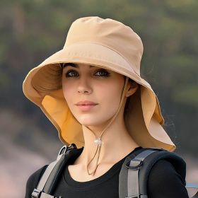 Wide Brim Shawl Ponytail Bucket Hat For Women; Outdoor Fishing Hiking UV Protection Bonnet - 3# Khaki