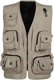 Men's Casual Multi Pocket Cargo Vest Outdoor Work Photography Fishing Vest Jacket - BEIGE-M