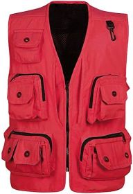 Men's Casual Multi Pocket Cargo Vest Outdoor Work Photography Fishing Vest Jacket - RED-XL