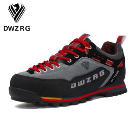 DWZRG Waterproof Hiking Shoes Mountain Climbing Shoes Outdoor Hiking Boots Trekking Sport Sneakers Men Hunting Trekking - Gray Red - 46