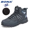 BONA 2022 New Designers Action Leather Plush Hiking Boots High Top Walking Shoes Men Work Mountain Sport Ankle Boots Mansculino - Deep blue S gray - 8