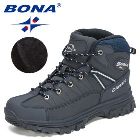 BONA 2022 New Designers Classics Winter Snow Boots Men Action Leather Super Warm Ankle Boots Man Hiking Boots Plush Shoes Male - Deep blue S gray - 8