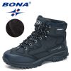 BONA 2022 New Designers Nubuck Hiking Shoes Men Non-Slip Outdoor Wear-Resistant Trekking Footwear Man High Top Plush Snow Boots - Deep blue S gray - 8