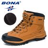 BONA 2022 New Designers Nubuck Hiking Shoes Men Non-Slip Outdoor Wear-Resistant Trekking Footwear Man High Top Plush Snow Boots - Deep blue S gray - 9