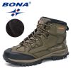 BONA 2022 New Designers Nubuck Hiking Shoes Men Non-Slip Outdoor Wear-Resistant Trekking Footwear Man High Top Plush Snow Boots - Deep blue S gray - 8